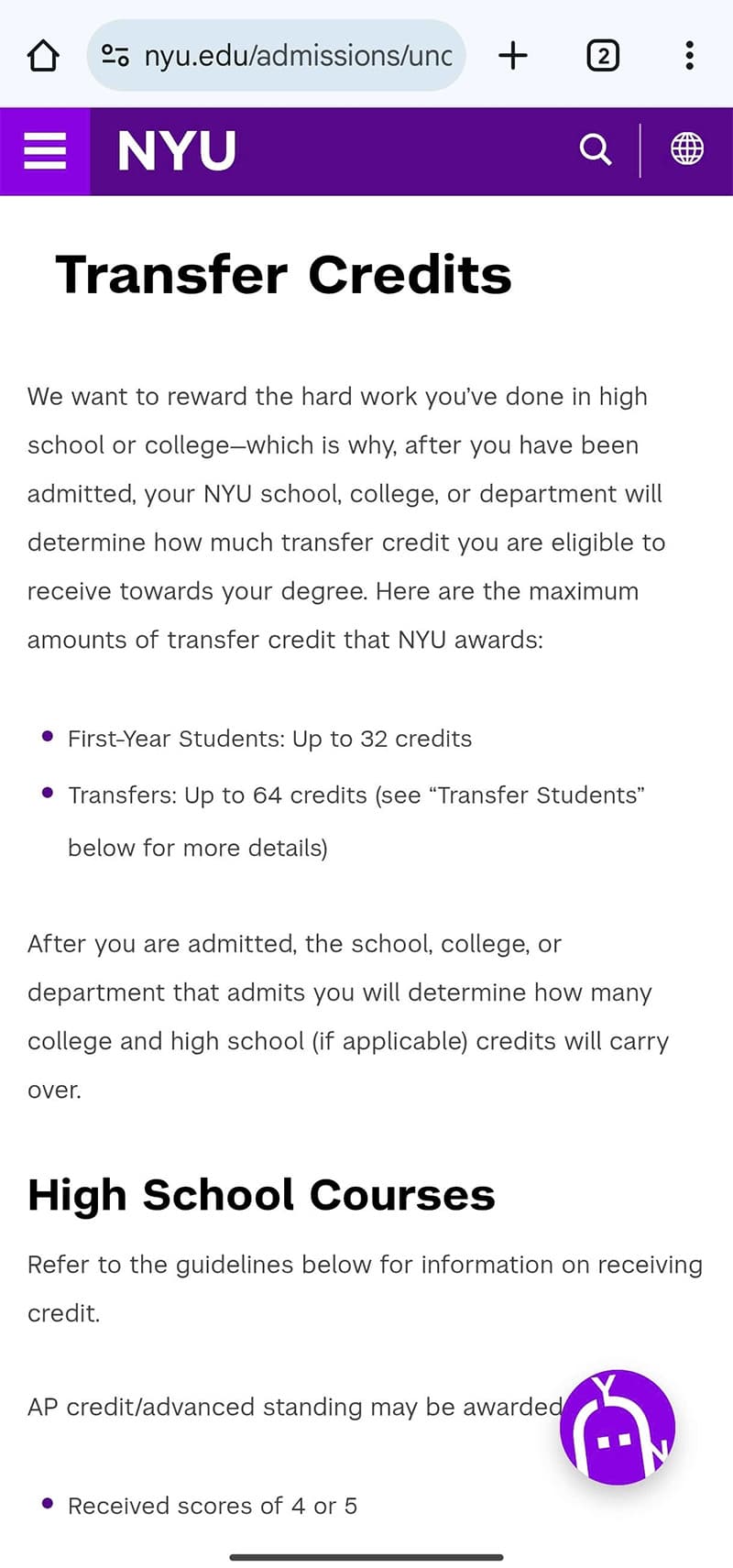 Quy định transfer credits của NYU (top #30 ở Mỹ (US News), top #43 thế giới (QS ranking))