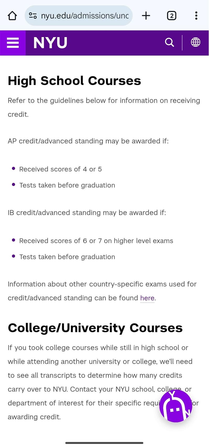 Quy định transfer credits của NYU (top #30 ở Mỹ (US News), top #43 thế giới (QS ranking))